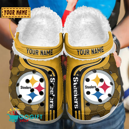 Pittsburgh Steelers Honeycomb Pattern Custom Name Fleece Crocs Clogs Shoes