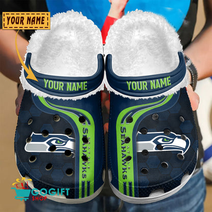 Seattle Seahawks Honeycomb Pattern Custom Name Fleece Crocs Clogs Shoes