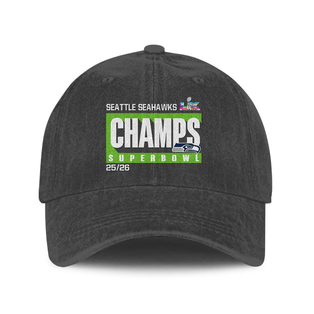 Seattle Seahawks Super Bowl LX Champs 25/26 Washed Cap – Printed Graphic - Dark Grey