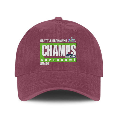 Seattle Seahawks Super Bowl LX Champs 25/26 Washed Cap – Printed Graphic - Burgundy