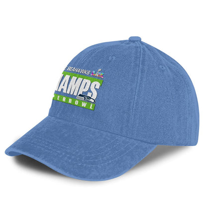 Seattle Seahawks Super Bowl LX Champs 25/26 Washed Cap – Printed Graphic - Denim Blue