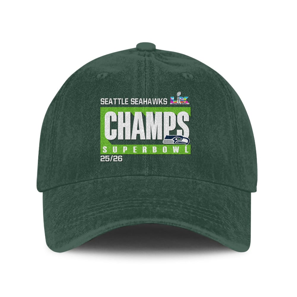 Seattle Seahawks Super Bowl LX Champs 25/26 Washed Cap – Printed Graphic - Green