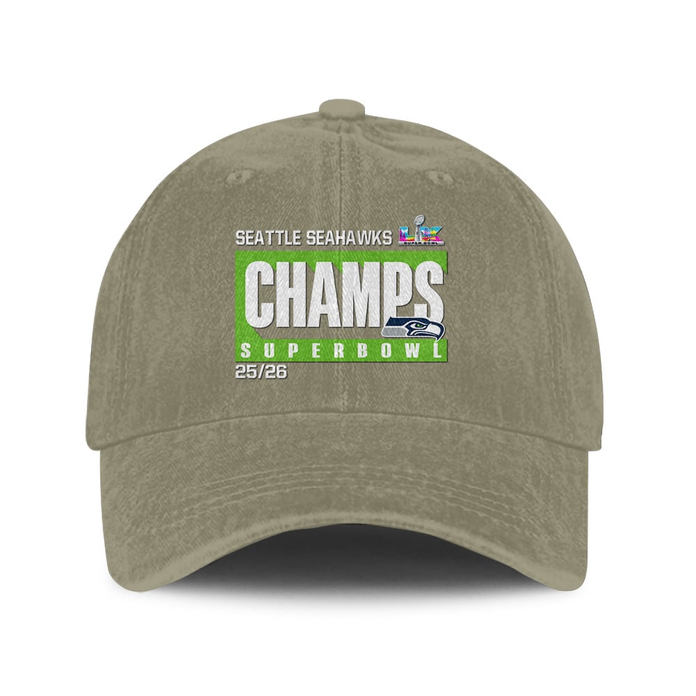 Seattle Seahawks Super Bowl LX Champs 25/26 Washed Cap – Printed Graphic - Olive Khaki