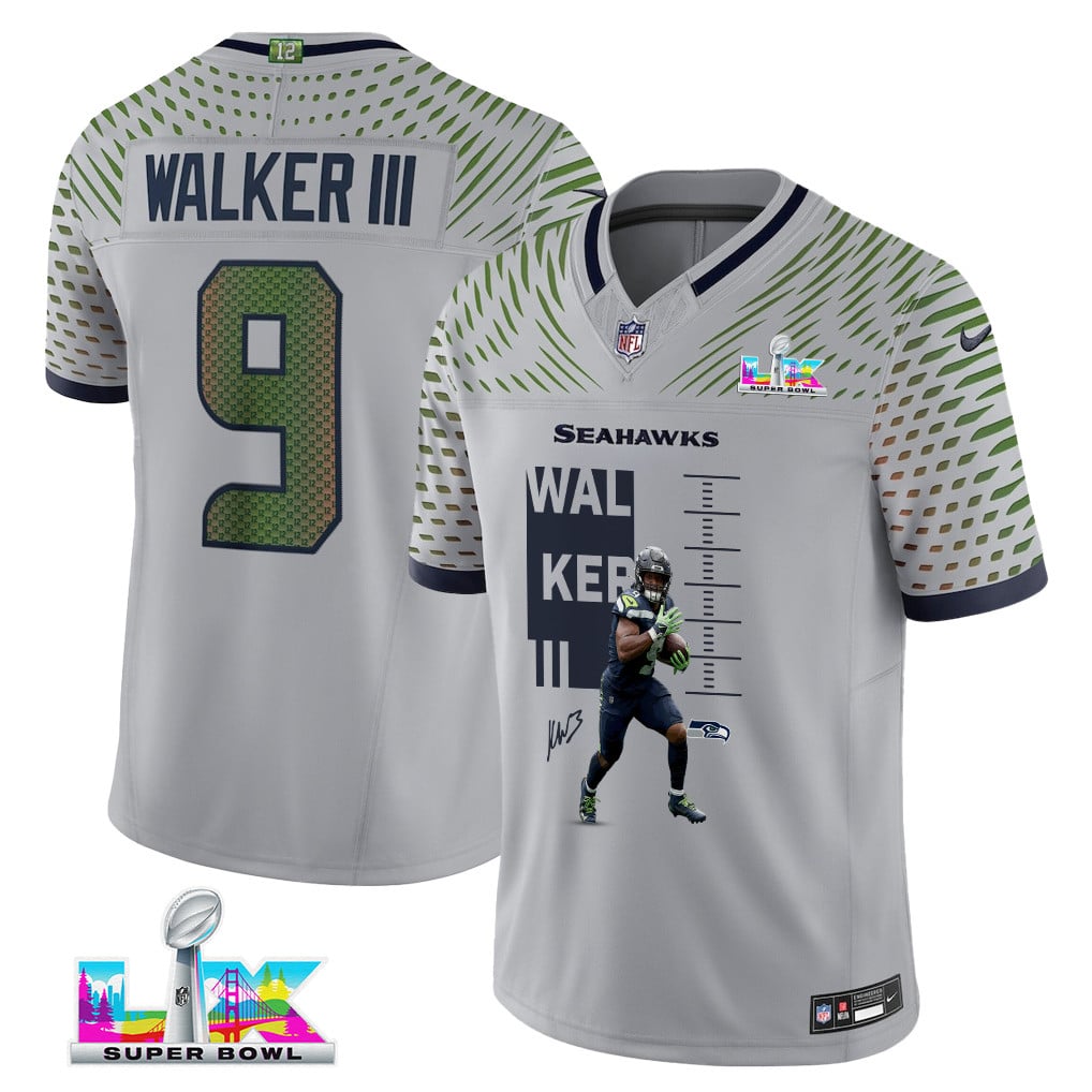 Kenneth Walker III 9 Seattle Seahawks Super Bowl LX Electric Run Threat Jersey – Grey