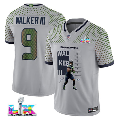 Kenneth Walker III 9 Seattle Seahawks Super Bowl LX Electric Run Threat Jersey – Grey