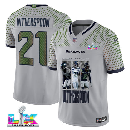 Devon Witherspoon 21 Seattle Seahawks Super Bowl LX Electric Run Threat Jersey – Grey