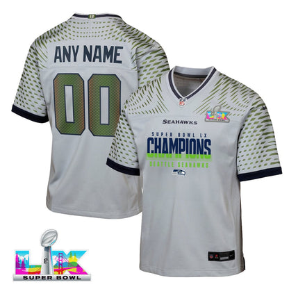 Seattle Seahawks Super Bowl LX Champions Gray Rivalries Collection Game YOUTH Jersey - Custom Name & Number