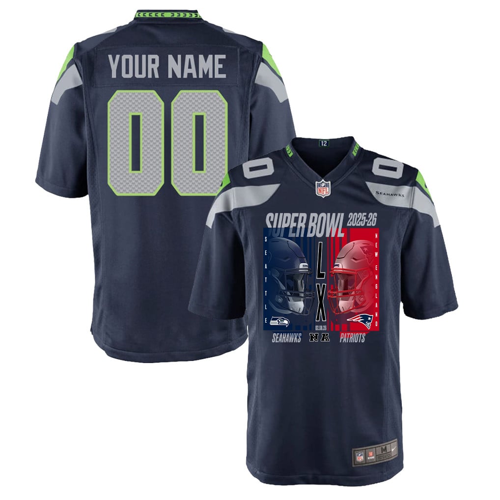 Seattle Seahawks Super Bowl LX Champions Confronting The Opponent Custom Team Game YOUTH Jersey - College Navy