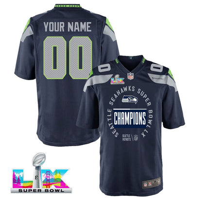 Seattle Seahawks Super Bowl LX Champions Personalized Team Game YOUTH Jersey - College Navy