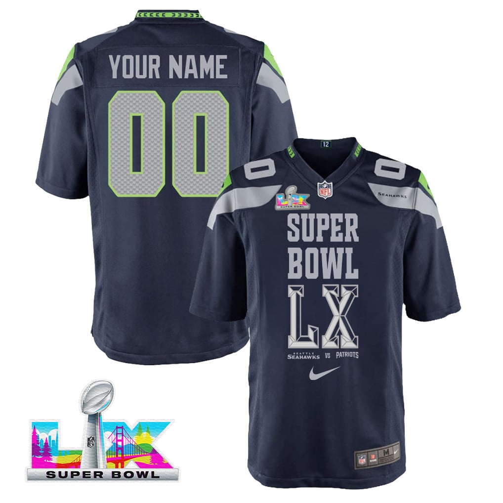 Seattle Seahawks Champions Super Bowl LX Personalized Team Game YOUTH Jersey - College Navy Edition