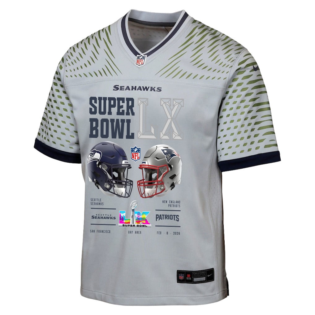 Seattle Seahawks Super Bowl LX Champions Going Head-To-Head Custom Rivalries Collection Game YOUTH Jersey - Gray