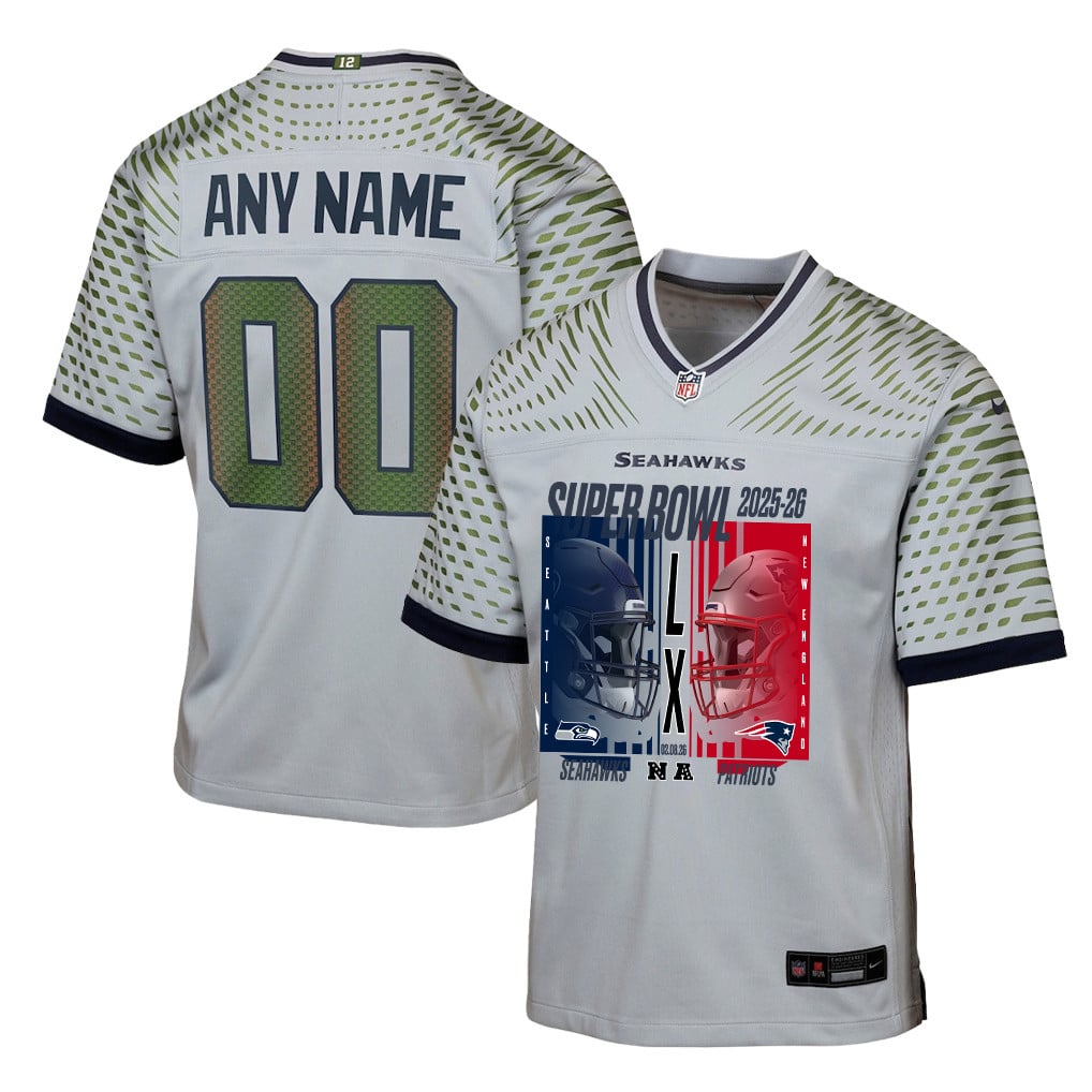 Seattle Seahawks Super Bowl LX Champions Confronting The Opponent Custom Rivalries Collection Game YOUTH Jersey - Gray