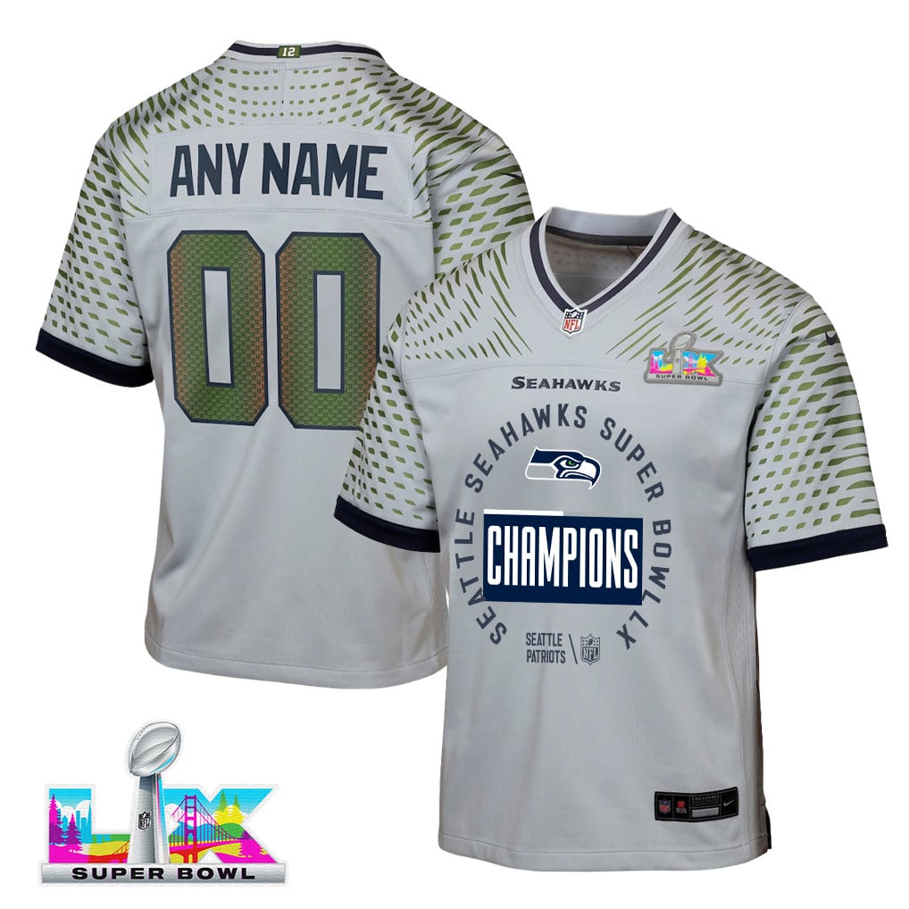 Seattle Seahawks Super Bowl LX Champions Personalized Rivalries Collection Game YOUTH Jersey - Gray