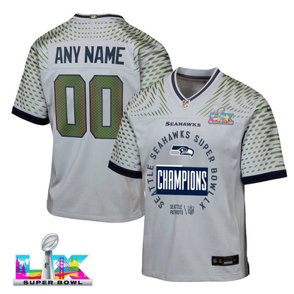 Seattle Seahawks Super Bowl LX Champions Personalized Rivalries Collection Game YOUTH Jersey - Gray