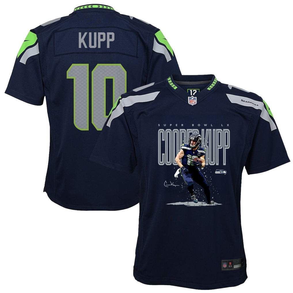 Cooper Kupp 10 Seattle Seahawks Super Bowl LX Fan-Favorite Icon YOUTH Game Jersey– Navy