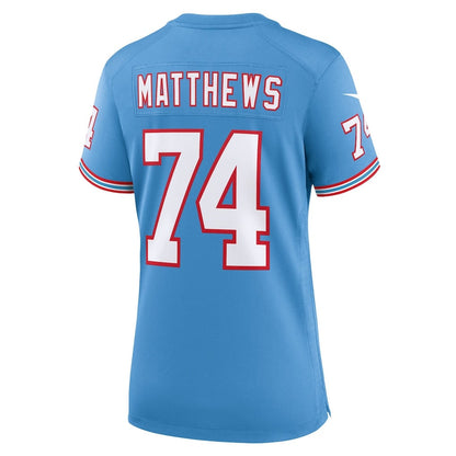 Bruce Matthews 74 Tennessee Titans Women's Oilers Throwback Game Jersey - Light Blue