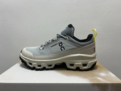 On Cloudrock Low Waterproof Hiking Shoes in Grey / Sand with Yellow Accents