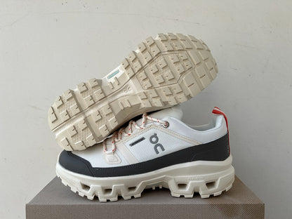 On Cloudrock Low Waterproof Hiking Shoes in White / Grey with Coral Accents