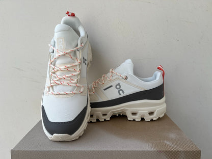 On Cloudrock Low Waterproof Hiking Shoes in White / Grey with Coral Accents
