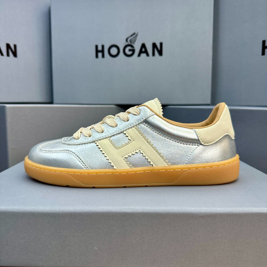 HOGAN Metallic Silver White H Logo Gum Sole Retro Casual Sneakers