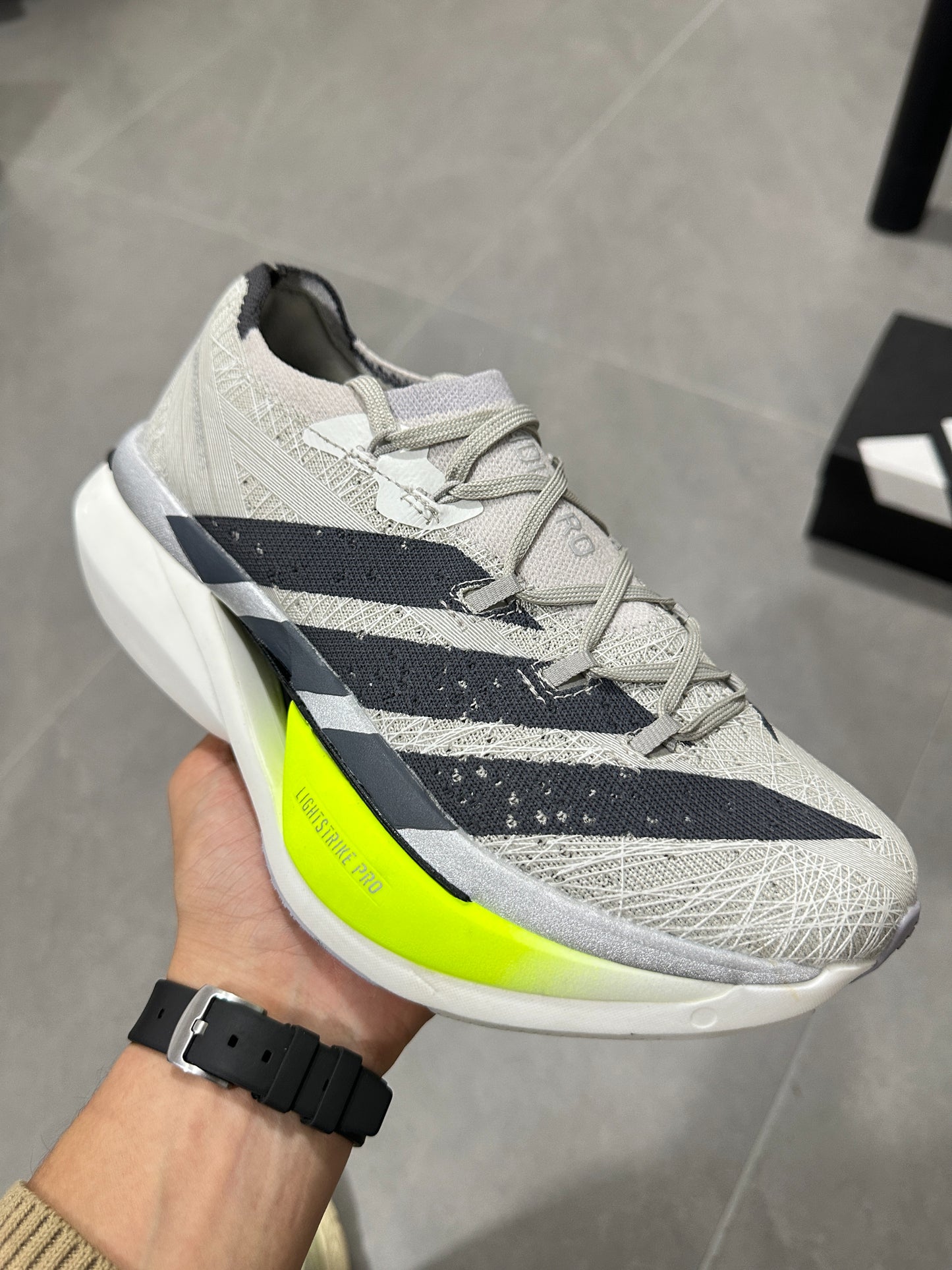 Adidas ADIZERO ADIOS PRO 4 (Grey / Black / Volt colorway)