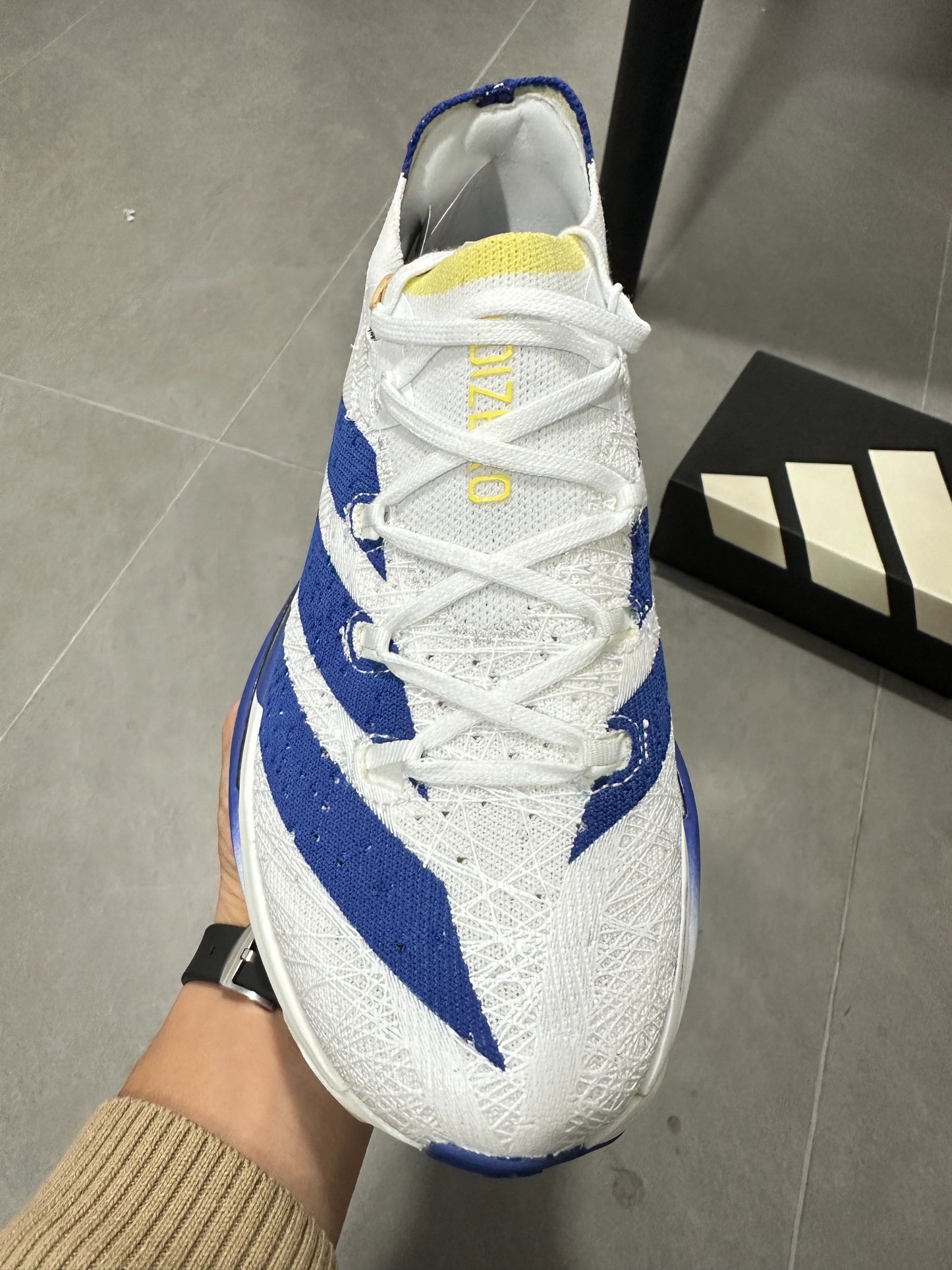 Adidas ADIZERO PRIME X3 STRUNG (Cloud White / Blue / Yellow colorway)