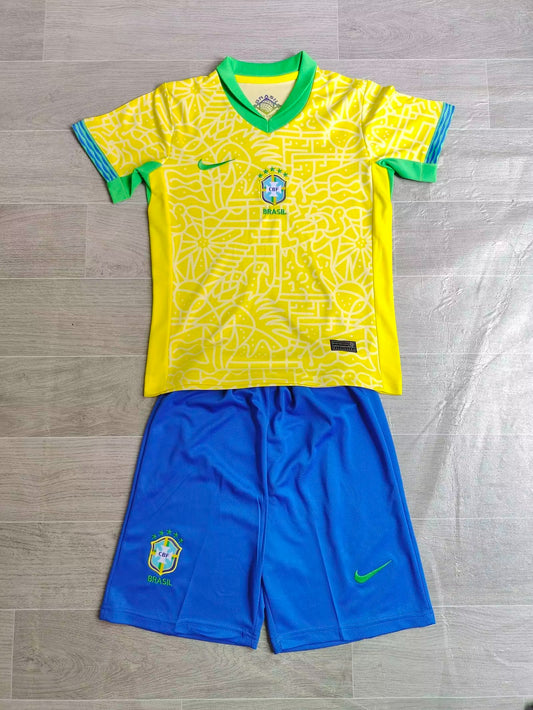 KIDS Brazil National Team 2024/25 Home Football Kit Set (Jersey + Shorts)