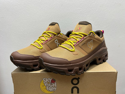 On Cloudrock Low Waterproof Hiking Shoes in Brown with Yellow and Pink Accents (Special Edition)