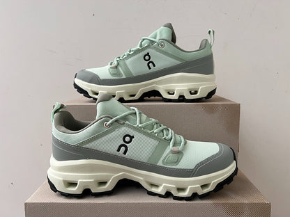 On Cloudrock Low Waterproof Hiking Shoes in Sage / Grey