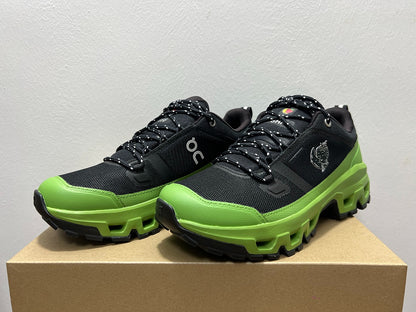 On Cloudrock Low Waterproof Hiking Shoes in Black / Green (Special Edition)
