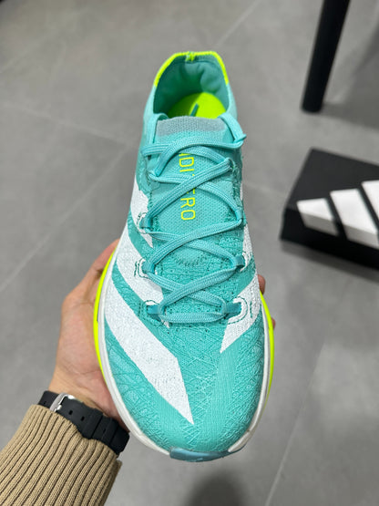Adidas ADIZERO ADIOS PRO 4 (Turquoise / White / Volt colorway)
