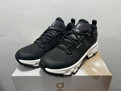 On Cloudrock Low Waterproof Hiking Shoes in Black / White