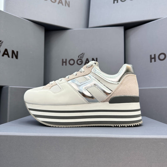 HOGAN White Silver Grey Striped Stack Wedge Platform Sneakers