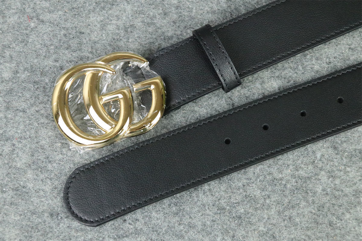 Double G Leather Belt with Antique Brass Buckle, 1” Width 'Black'
