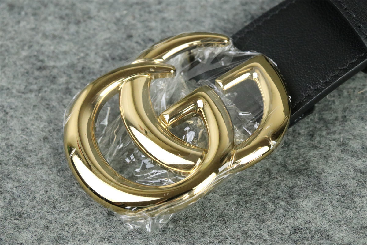 Double G Leather Belt with Antique Brass Buckle, 1” Width 'Black'