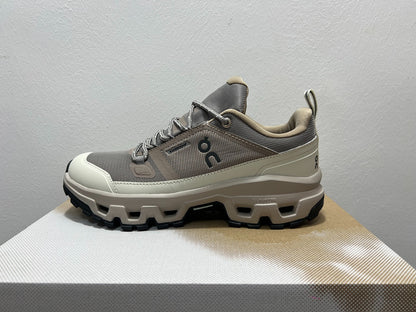 On Cloudrock Low Waterproof Hiking Shoes in Taupe / Cream
