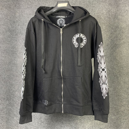 Chrome Hearts Horseshoe Floral Cross-Sleeve Zip Up Hoodie 'Black/White'
