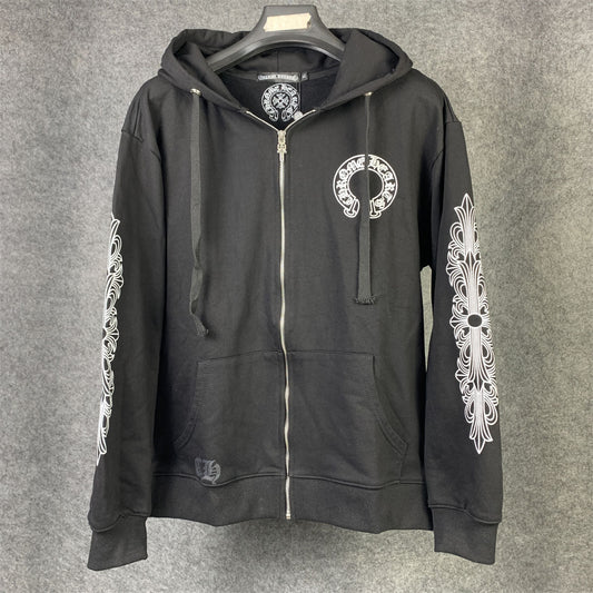 Chrome Hearts Horseshoe Floral Cross-Sleeve Zip Up Hoodie 'Black/White'