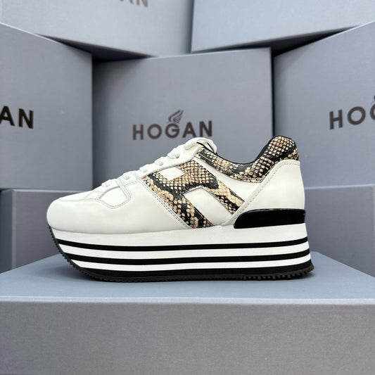 HOGAN White Snake Print Black Striped Stack Wedge Platform Sneakers