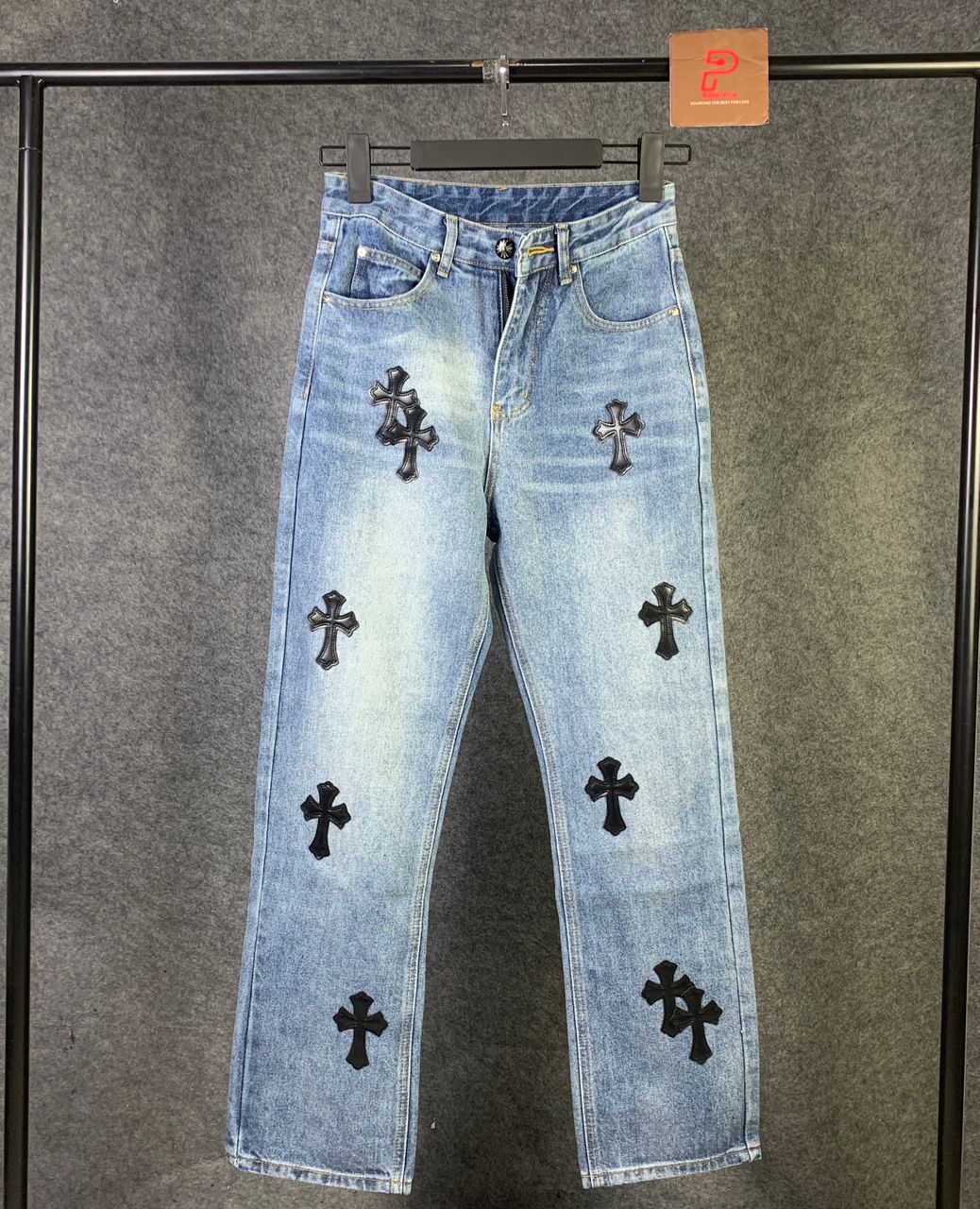 CHROME HEARTS Blue Jeans With Black Leather Crosses
