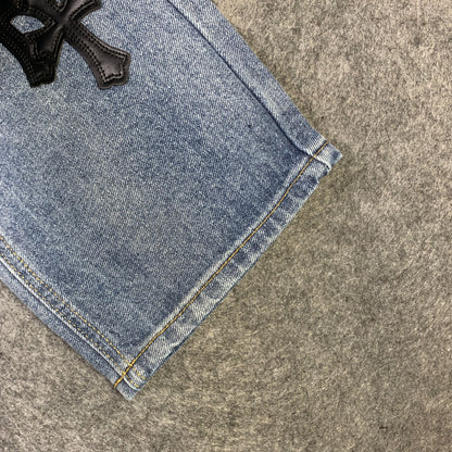 CHROME HEARTS Blue Jeans With Black Leather Crosses