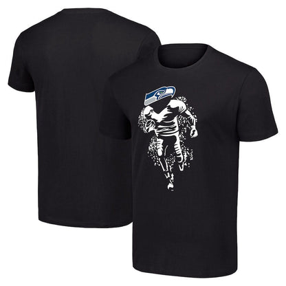Seattle Seahawks Black Player Graphic Running Across Field T-Shirt