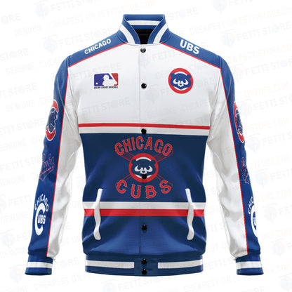 Chicago Cubs Baseball White And Dark Blue Pattern Varsity Jacket - All-Over-Printed Jacket
