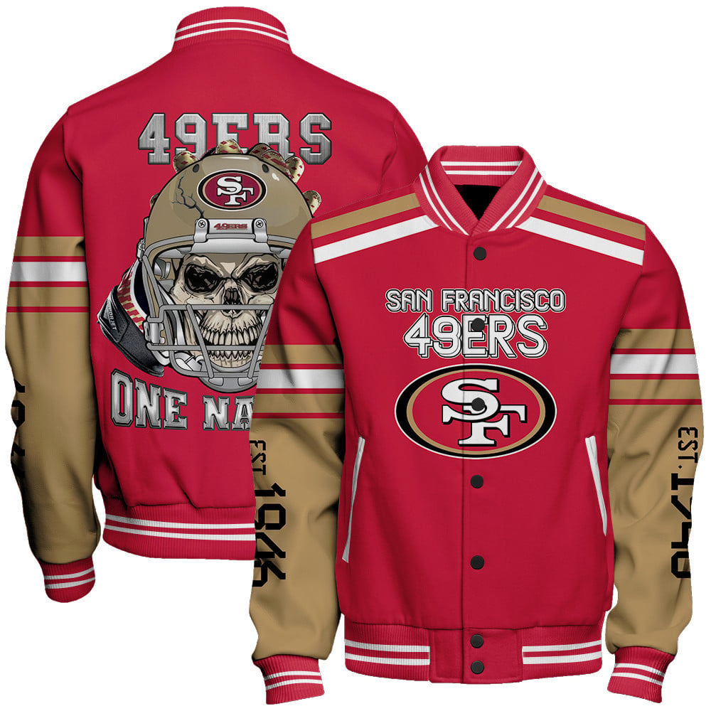 San Francisco 49ers Skull And Gloves Pattern Varsity Jacket - All-Over-Printed Jacket