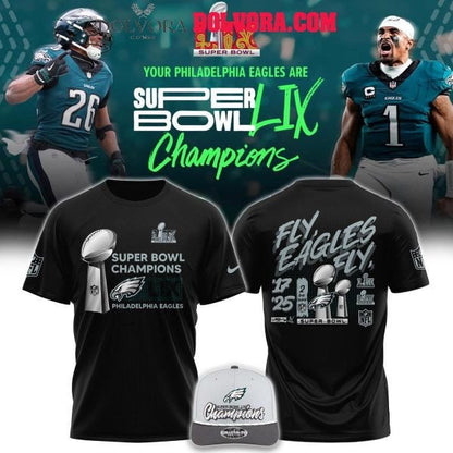 Philadelphia Eagles Super Bowl LIX 2017 2025 Champions 2 Times All Over Printed T-Shirt - Black