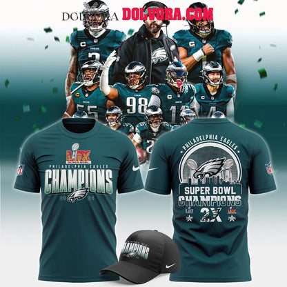 Philadelphia Eagles 2025 Second Time Super Bowl LIX Champions All Over Printed T-Shirt - Midnight Green