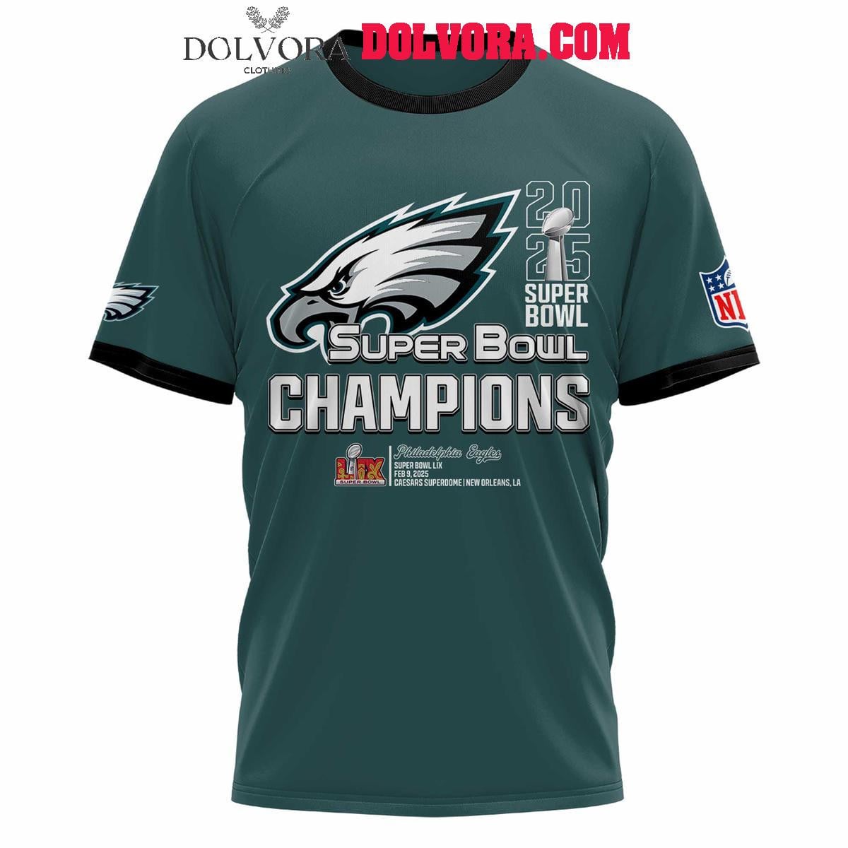 Philadelphia Eagles Super Bowl LIX The Champions 2025 Football All Over Printed T-Shirt - Midnight Green