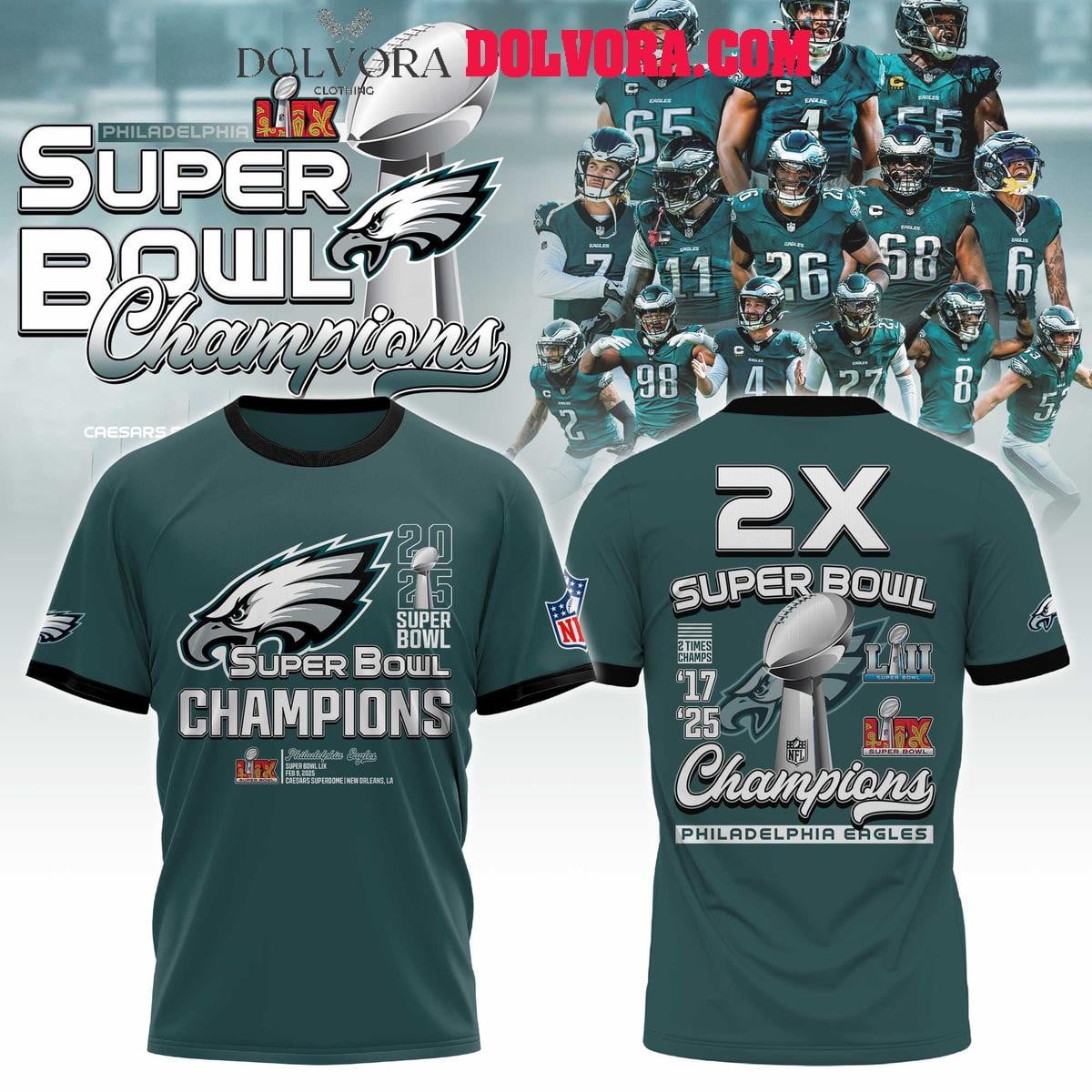 Philadelphia Eagles Super Bowl LIX The Champions 2025 Football All Over Printed T-Shirt - Midnight Green