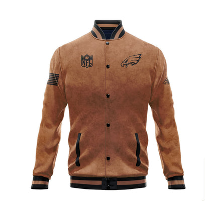 Philadelphia Eagles 2023 Salute To Service Club Baseball Jacket Varsity Jacket - Brown - All-Over-Printed Jacket