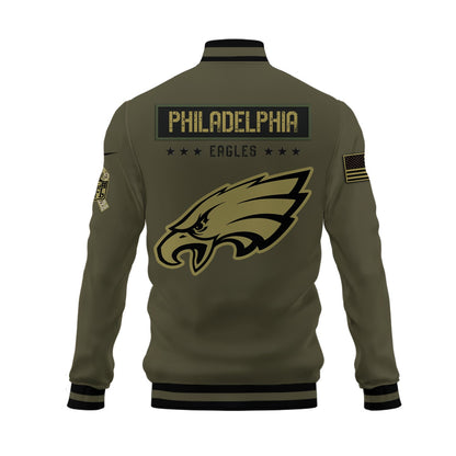 Philadelphia Eagles 2023 Salute To Service Club Baseball Jacket Varsity Jacket - Green - All-Over-Printed Jacket